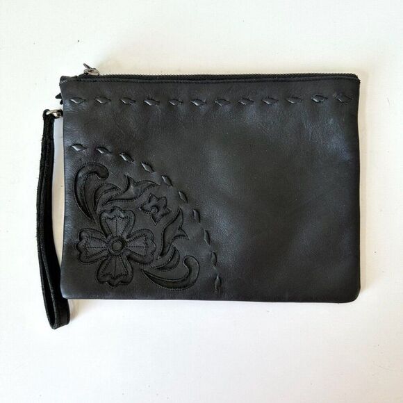 Lane Boots Handbags - NEW Lane Boots ROBIN Black Leather Wristlet Clutch Small Purse Floral 10 x 7.5